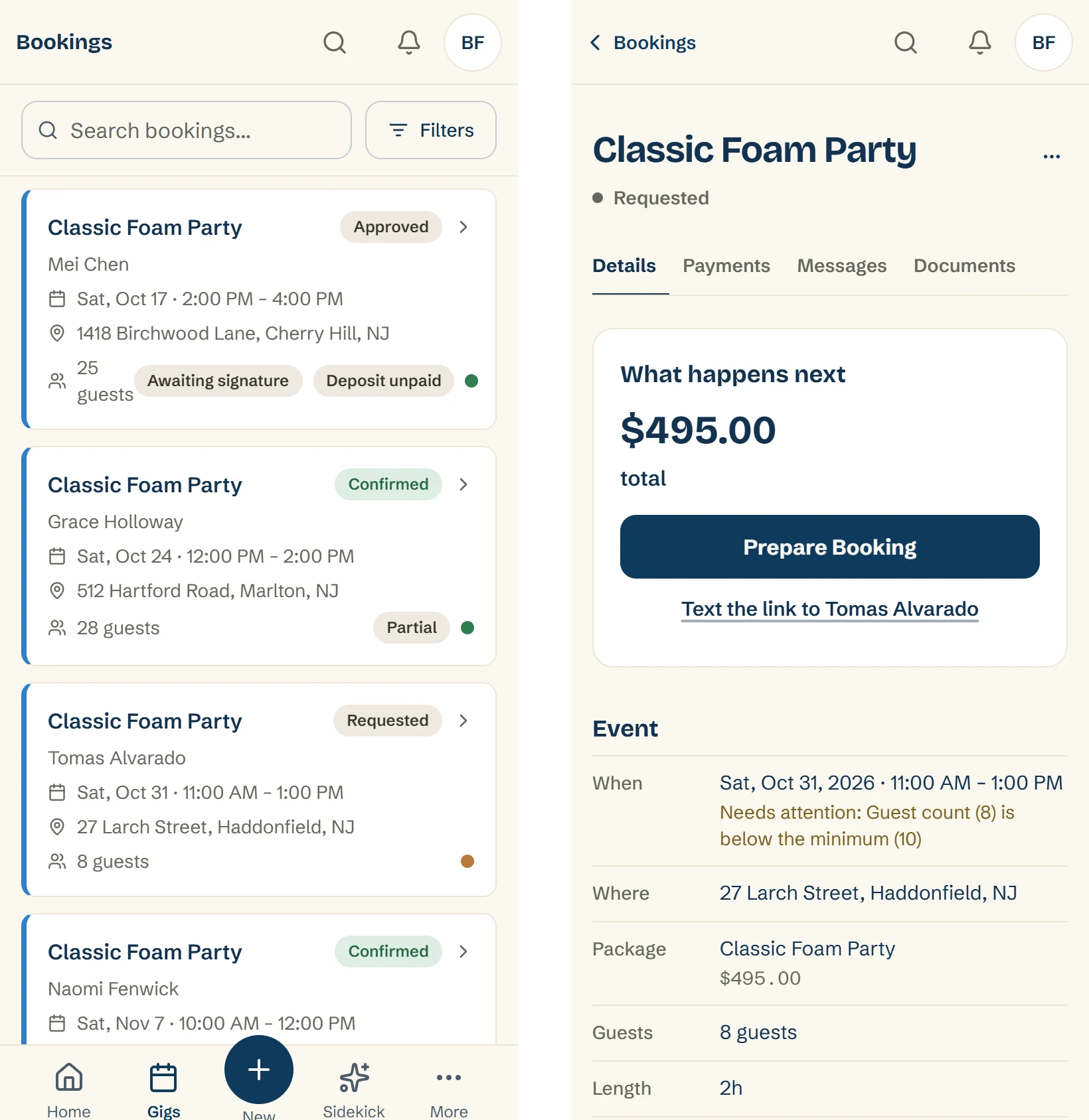 Two phone screens. On the left, the Bookings list: Mei Chen's Classic Foam Party is Approved and waiting on a signature and the deposit, and Tomas Alvarado's is still Requested. On the right, Tomas's booking with a Prepare Booking button and the line Needs attention: Guest count (8) is below the minimum (10)