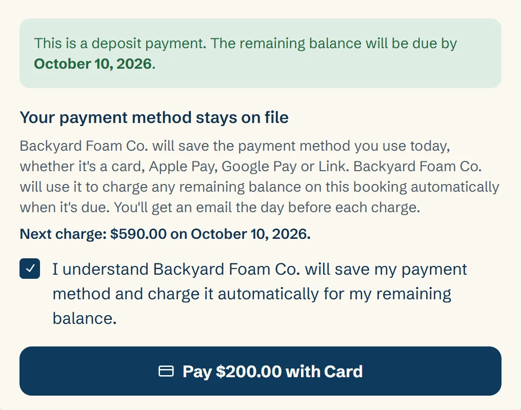 The client's deposit payment: a note that the payment method stays on file, the next charge of $590.00 on October 10, 2026, a ticked box agreeing to have the remaining balance charged automatically, and a Pay $200.00 with Card button