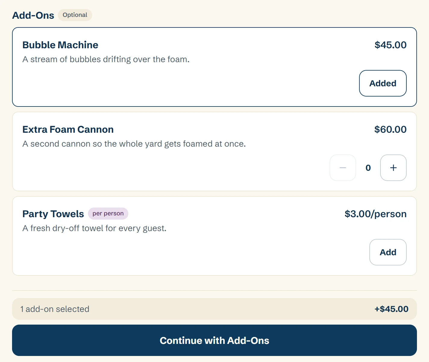 The Add-Ons step of the booking form a client fills in: each add-on with its own price, charged flat, by quantity or per person, and the extra for what they've picked