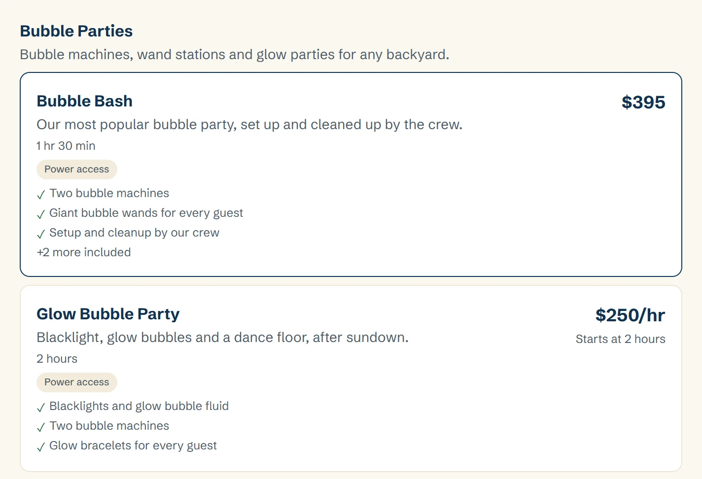 The Package step of a bubble party booking form: each package card lists what's included, like two bubble machines, giant wands for every guest, and setup and cleanup by the crew