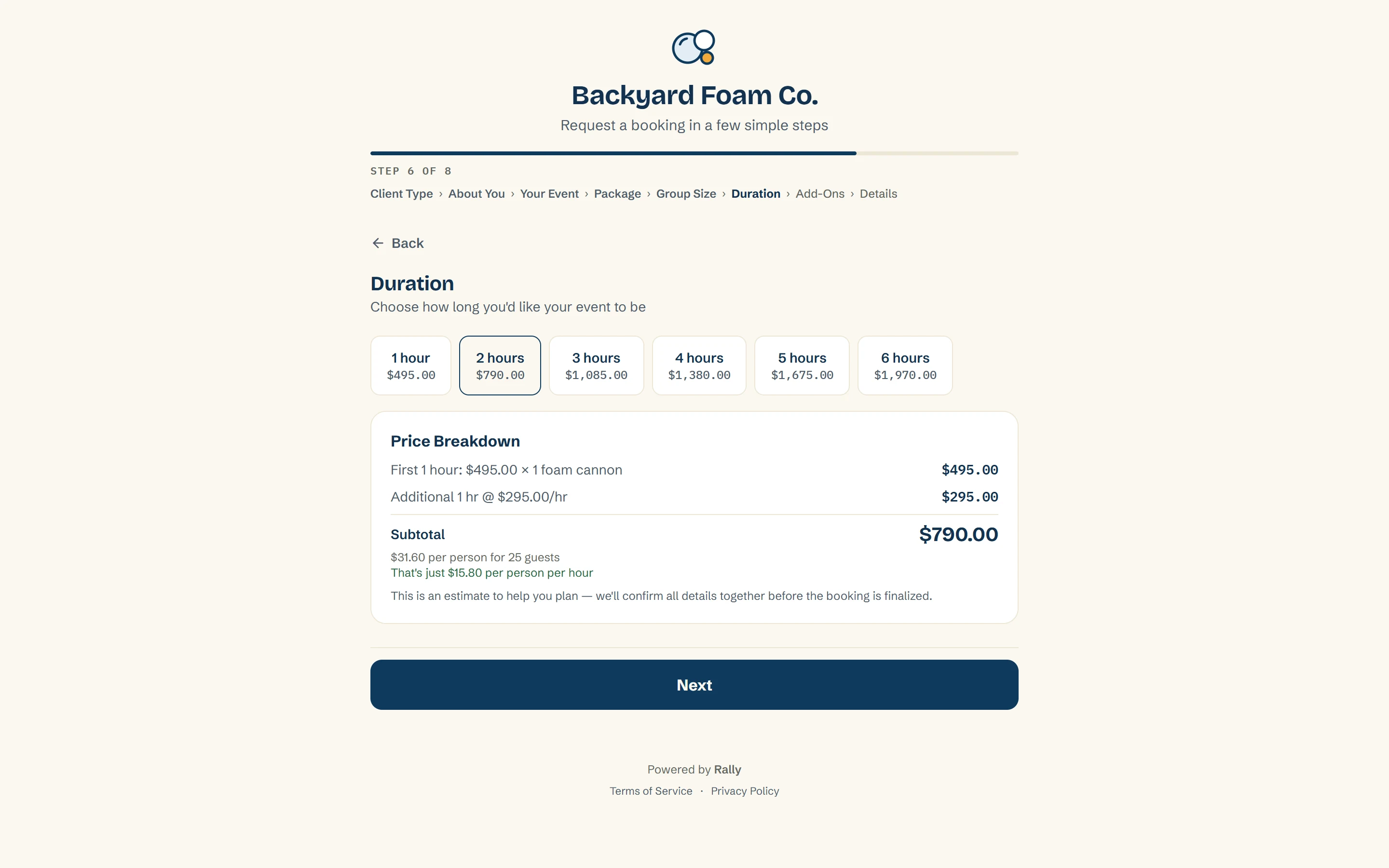 The Rally booking form clients fill in: choosing how long the event runs, with the price of each length and a price breakdown