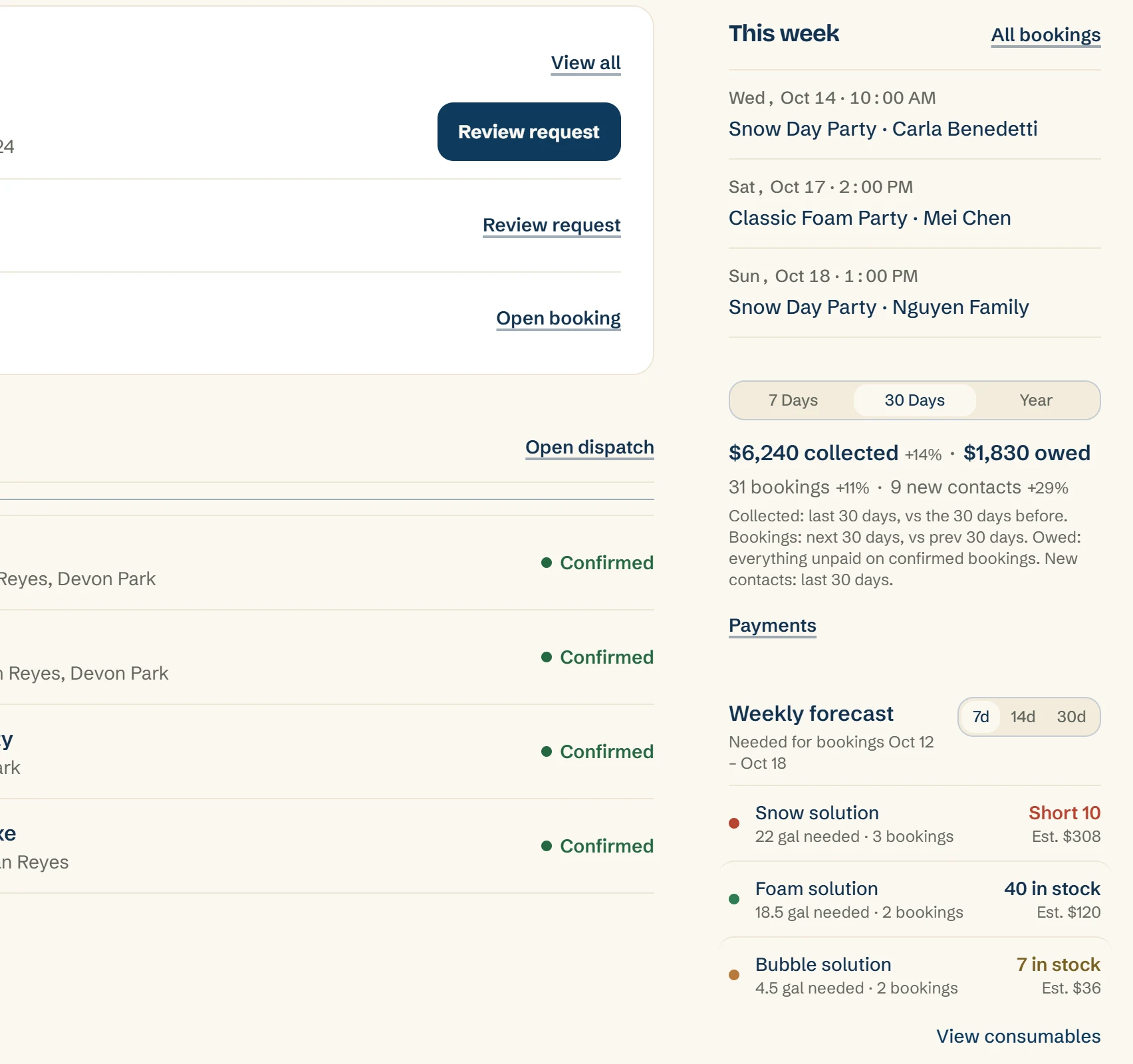 Rally's Home page for a week with snow parties booked: the weekly forecast adds up 22 gallons of snow solution for 3 bookings and shows the stock is 10 short