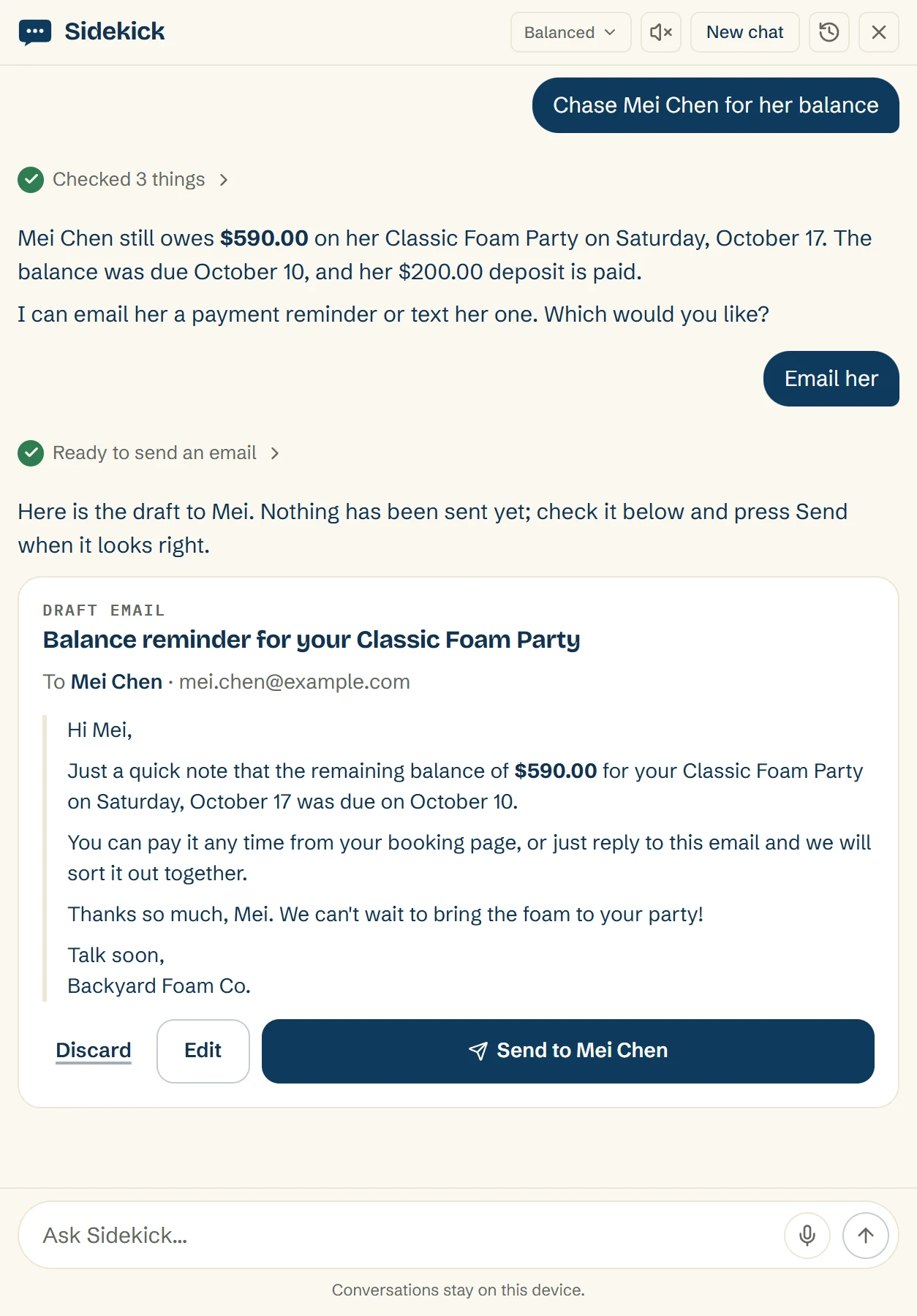 Sidekick asked to chase Mei Chen for her balance: it finds the $590.00 she still owes, drafts a reminder email, and holds it with Discard, Edit and Send to Mei Chen until you send it