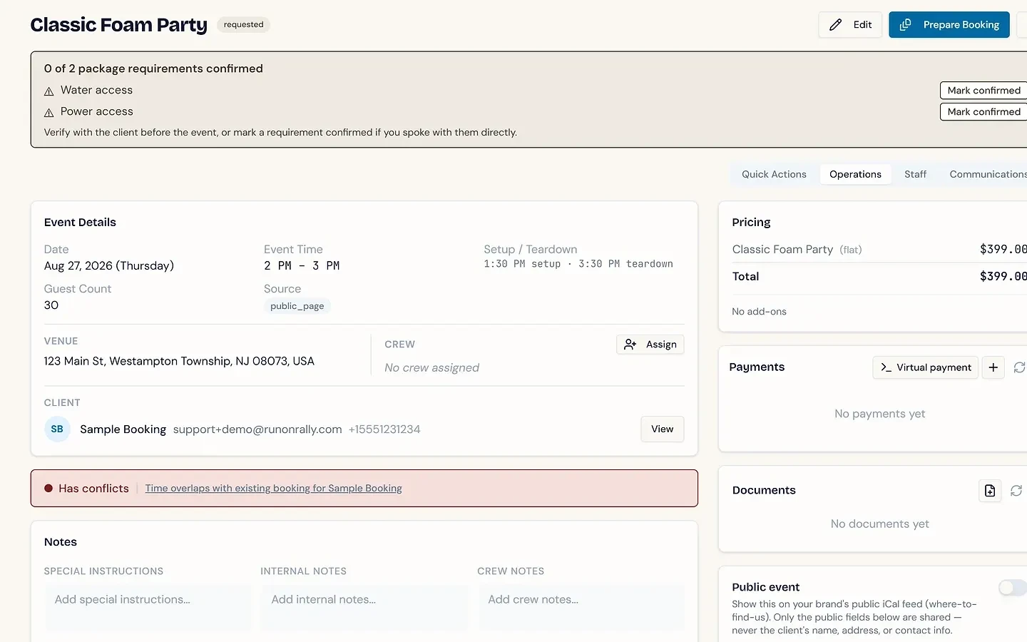 Booking detail with the requirement checklist — water and power access unchecked, and the missing-requirement warning flagged on the booking