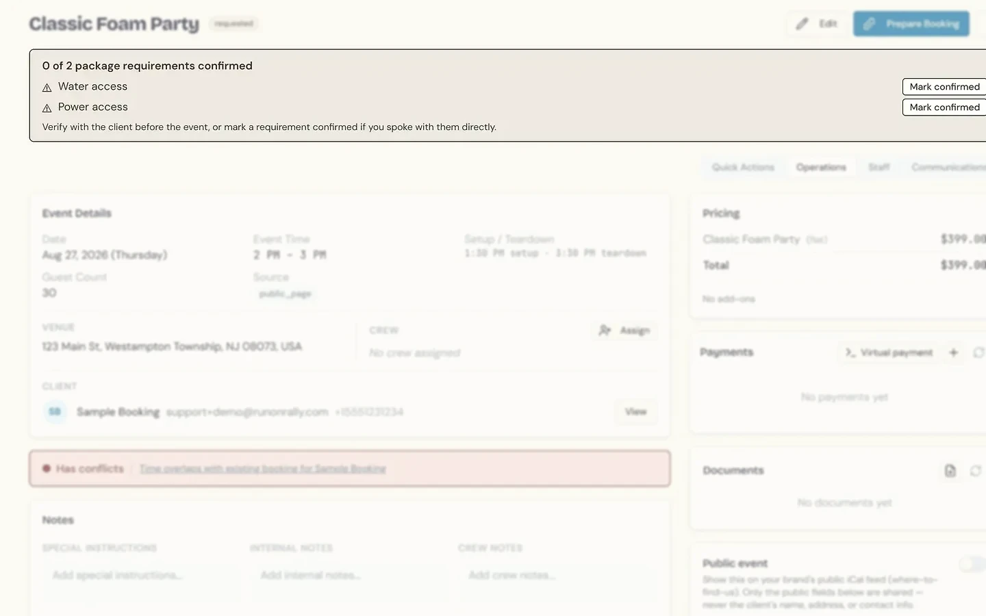 Booking with the missing-requirement warning — water and power access not yet confirmed
