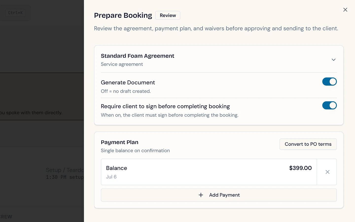 Prepare Booking — review the agreement, the sign-before-completing requirement, and the payment plan before sending