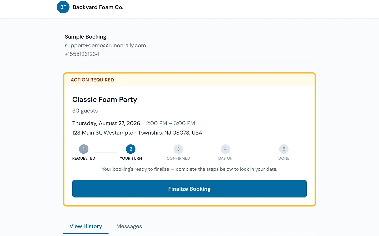 Client portal — the action-required card with the booking stepper and Finalize Booking, where the client signs and pays
