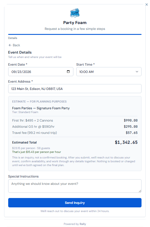 Embedded booking form on a client's site — event date, start time, and address filled in, with a live estimate itemizing the foam party package, extra time, and travel fee into a running total before the inquiry is sent