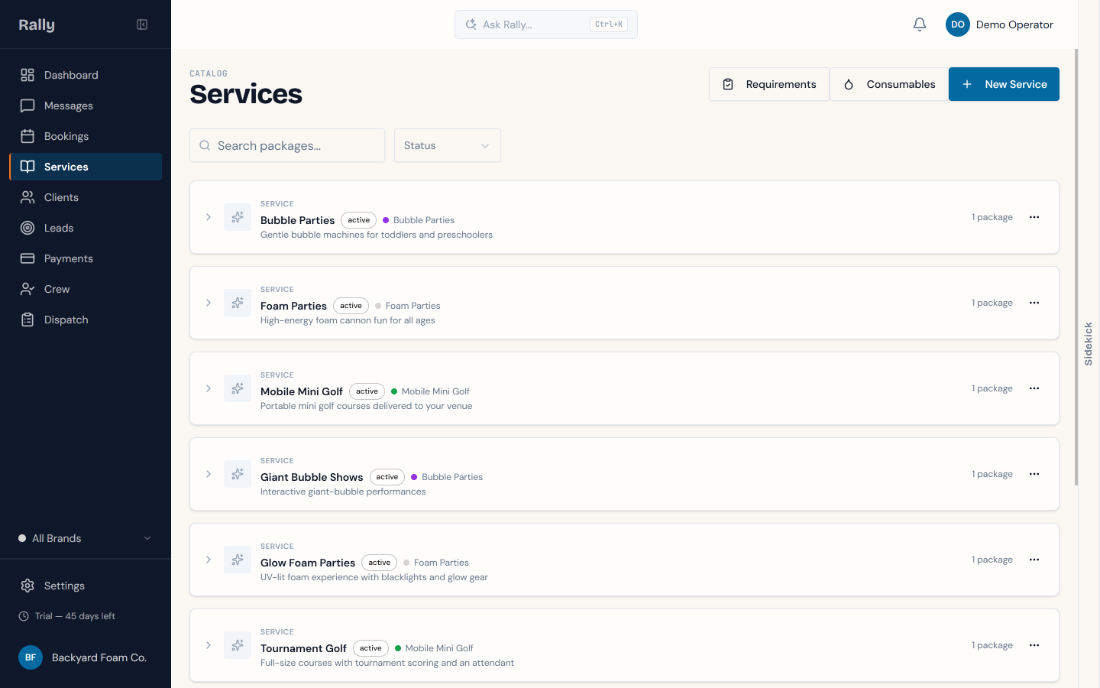 A Rally catalog of services and add-ons