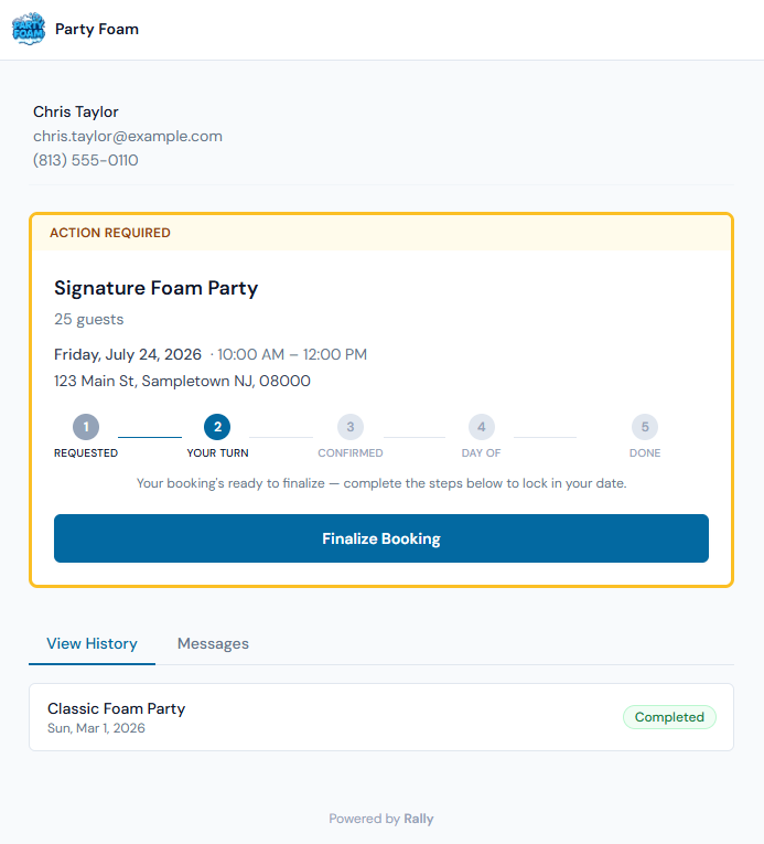 Client portal — an action-required card front and center with the booking's date, time, address, and progress stepper, a Finalize Booking button, and past bookings with message history below