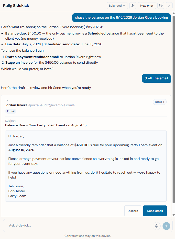 Rally Sidekick asked to chase a balance — it reports the $450 balance due on the booking, drafts the payment reminder email, and holds it as a draft with Discard and Send email buttons until you approve
